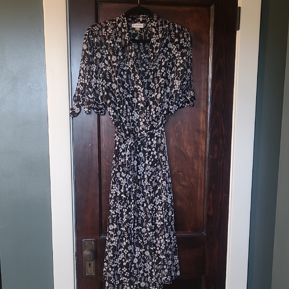 Calvin Klein Black Midi Dress with White Floral Print